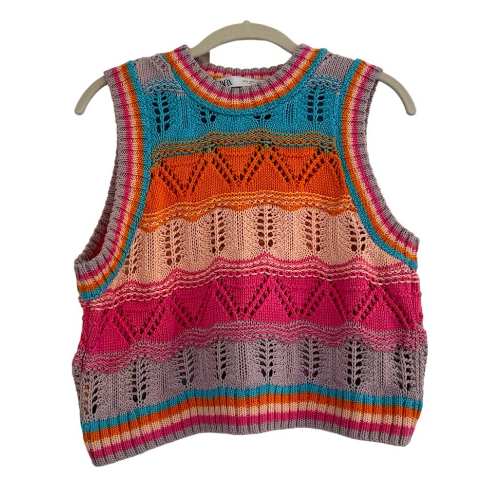 Zara Crochet Cropped Sweater Vest Multi Color SZ S